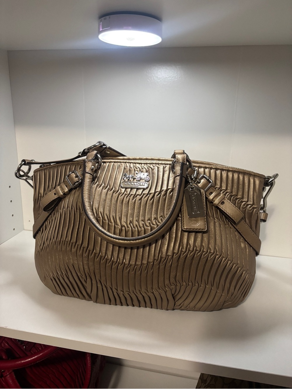Coach Metallic Gold Ruched Leather Satchel with Detachable Strap